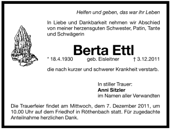 Traueranzeige von Berta Ettl von Pegnitz-Zeitung